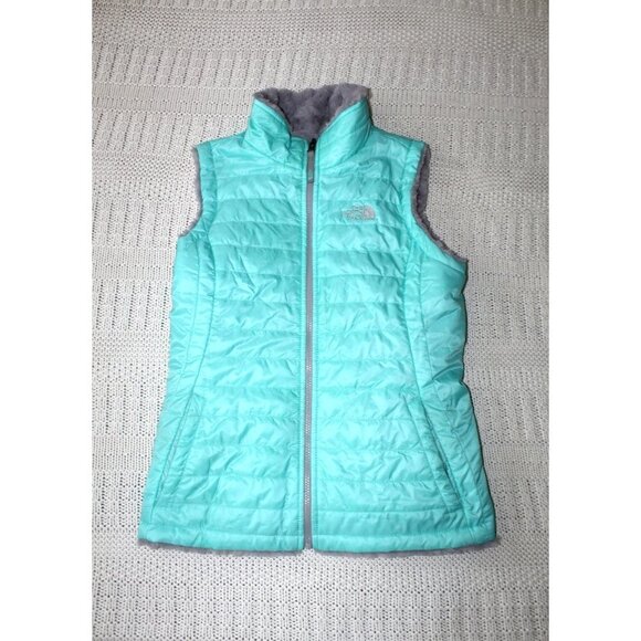 The North Face Reversible Girls Blue & Grey Vest Puffer Jacket Size LG Fluffy - Picture 2 of 11